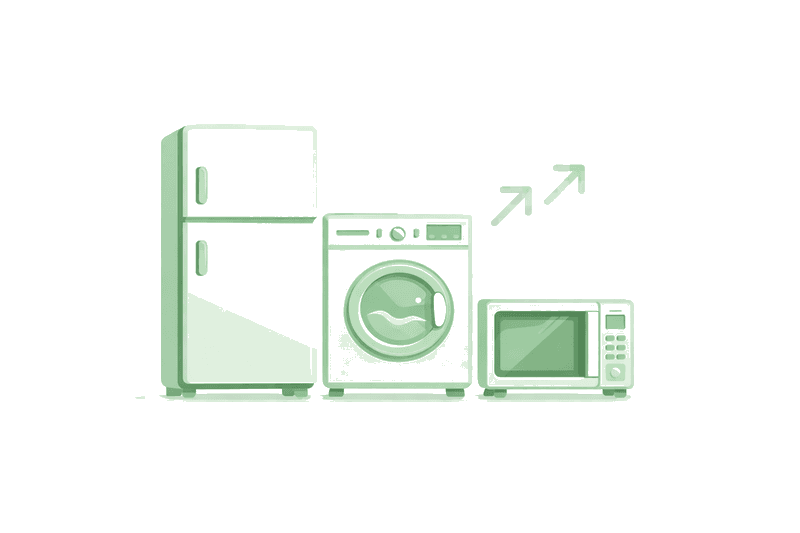 Appliance removal illustration showing a refrigerator, washing machine, and microwave