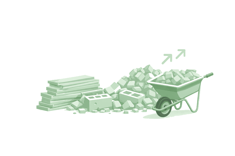 Construction debris removal illustration showing lumber, bricks, and a wheelbarrow