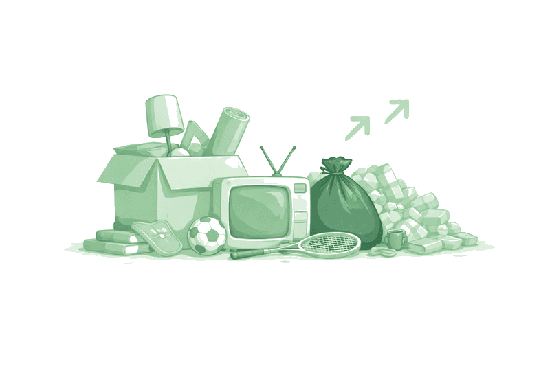Household junk removal illustration showing boxes, electronics, and clutter